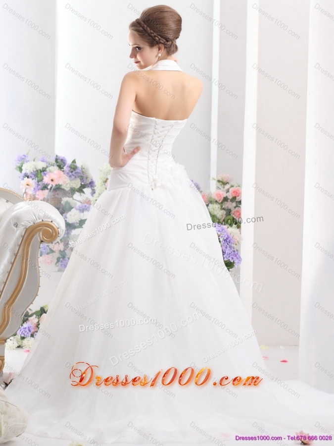 Perfect 2015 Halter Top Wedding Dress with Ruching and Hand Made Flowers