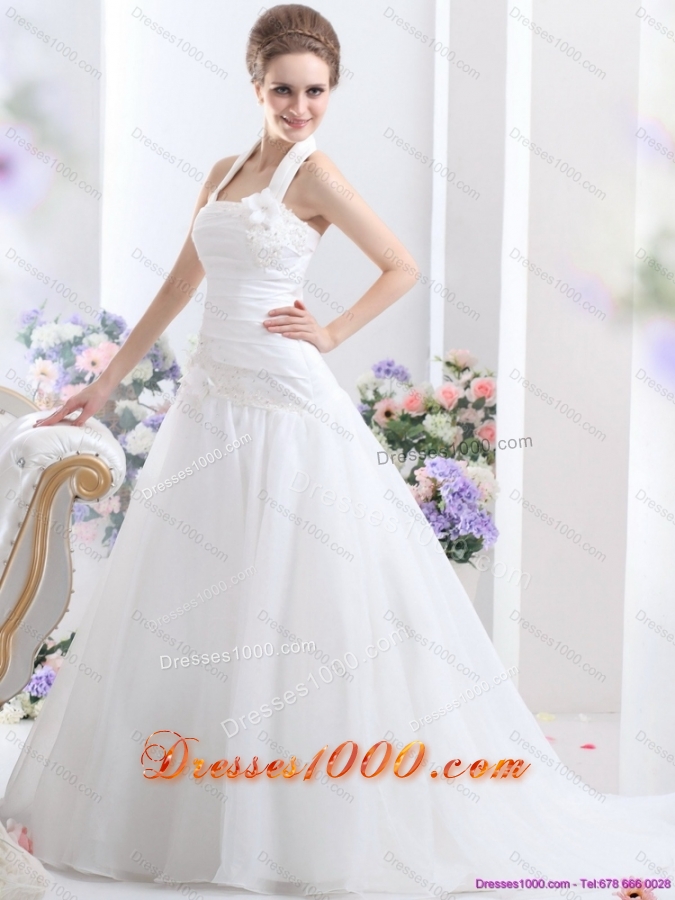 Perfect 2015 Halter Top Wedding Dress with Ruching and Hand Made Flowers