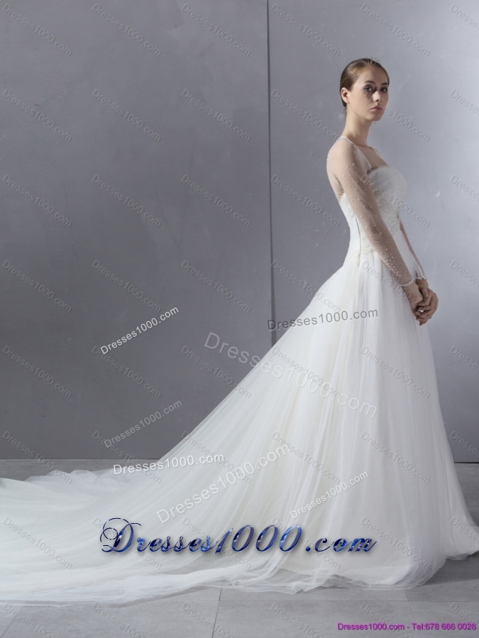2015 New Style Strapless A Line Wedding Dress with Lace and Ruching