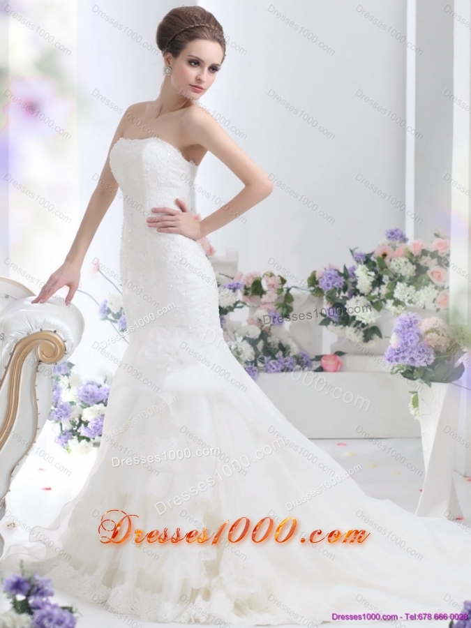 2015 New Style Strapless Wedding Dress with Brush Train