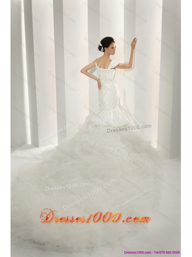 New Style 2015 Asymmetrical A Line Wedding Dress with Ruching and Ruffles