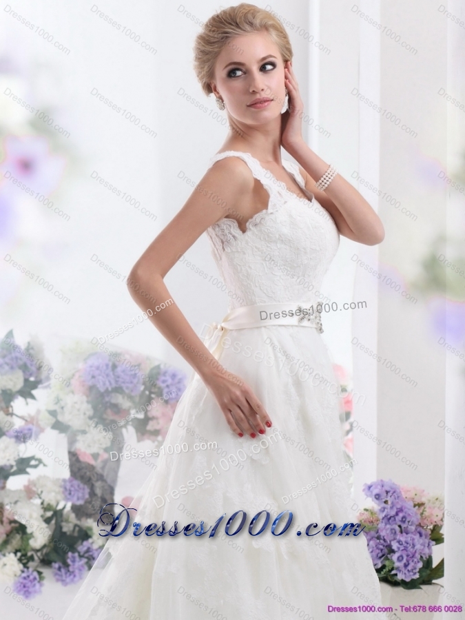 New Style Brush Train White Wedding Dresses with Lace and Beading