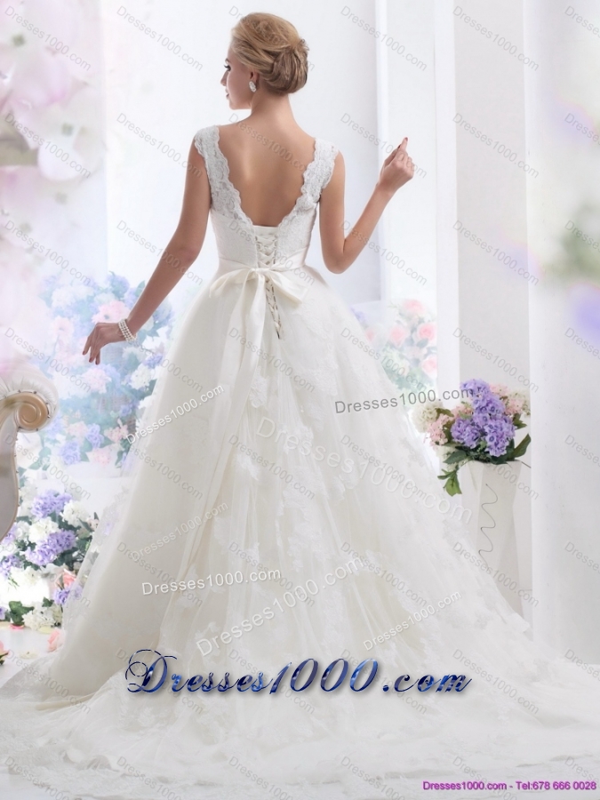 New Style Brush Train White Wedding Dresses with Lace and Beading