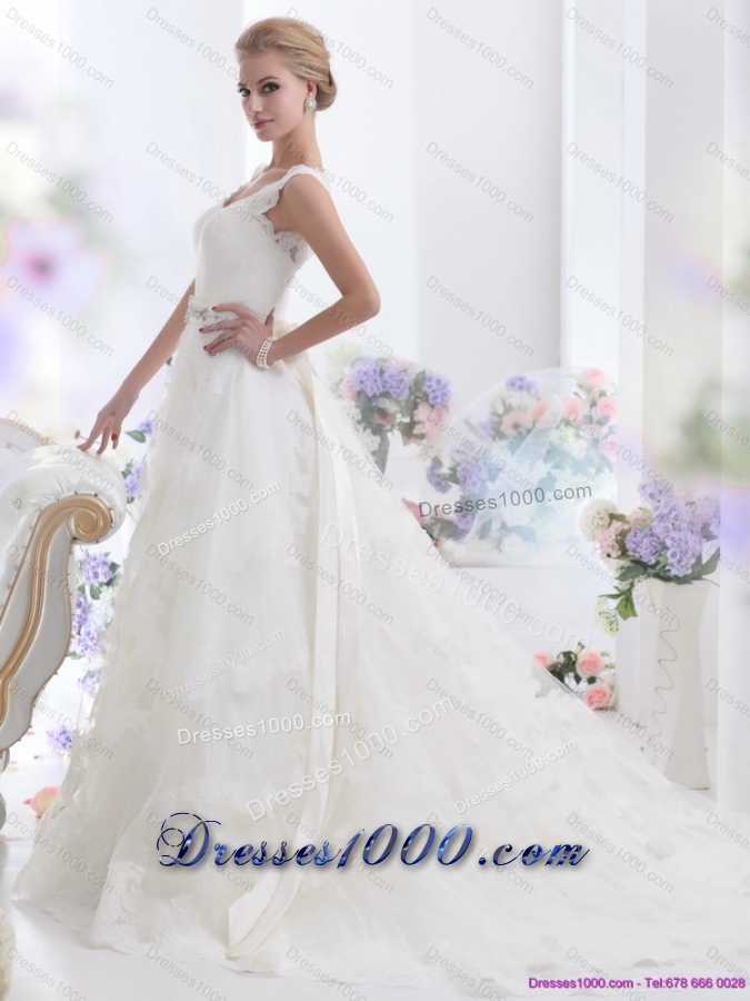 New Style Brush Train White Wedding Dresses with Lace and Beading