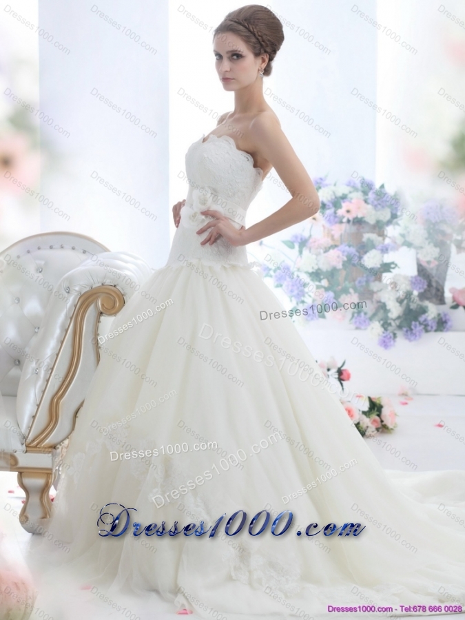 New Style Ruffled White Strapless Wedding Dresses with Sash and Bownot