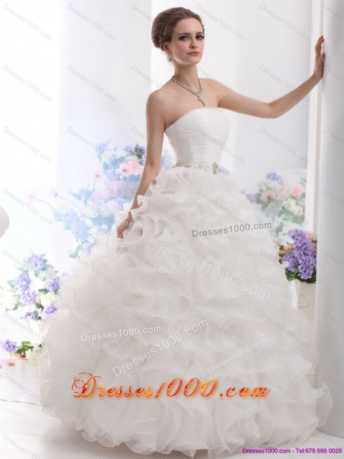 New Style White Strapless Ruffles and Ruching Wedding Gown for 2015