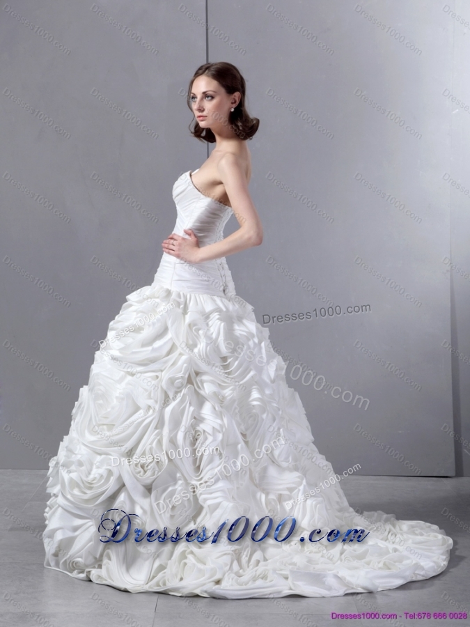 New Style White Sweetheart Wedding Dresses with Hand Made flowers and Brush Train