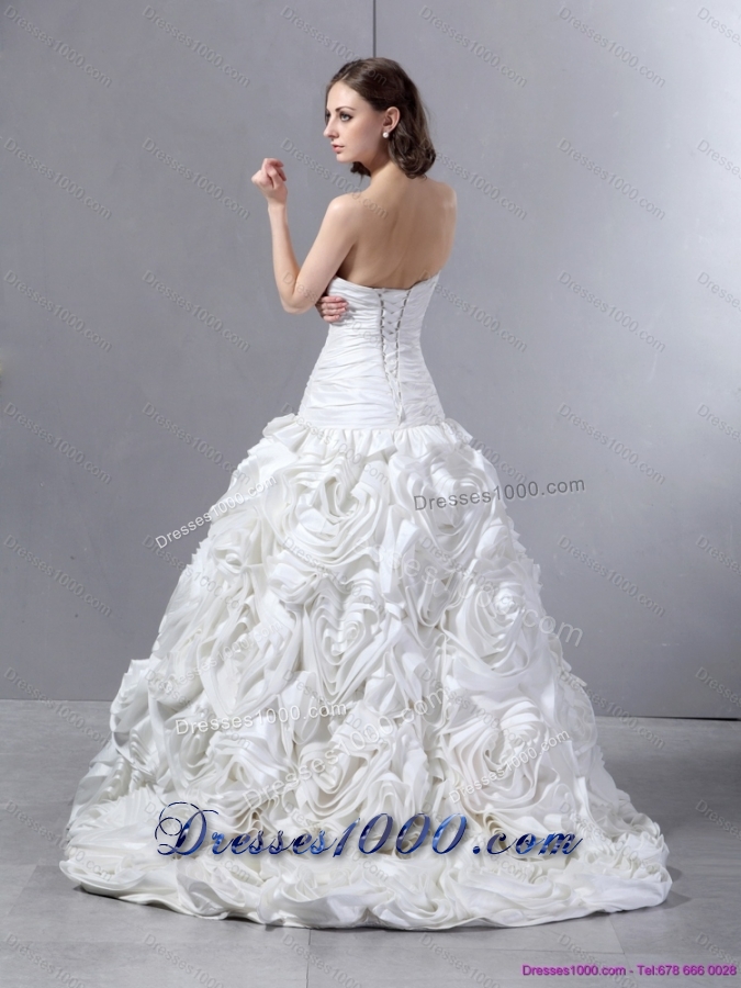 New Style White Sweetheart Wedding Dresses with Hand Made flowers and Brush Train