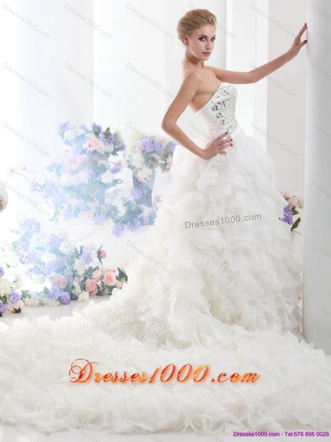 Sweetheart 2015 White Wedding Dresses with Rhinestones and Ruffles