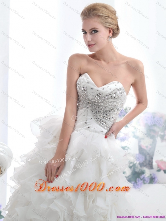 Sweetheart 2015 White Wedding Dresses with Rhinestones and Ruffles