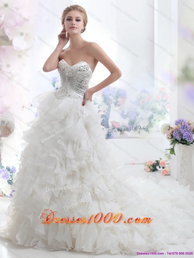 Sweetheart 2015 White Wedding Dresses with Rhinestones and Ruffles