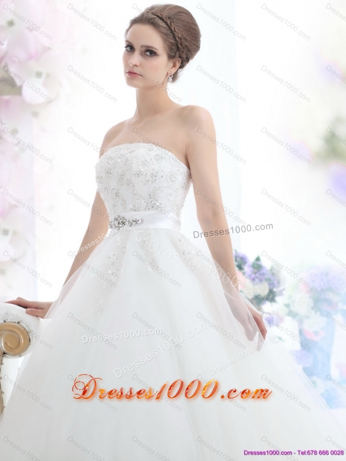 2015 New Style Strapless Beading Wedding Dress with Brush Train