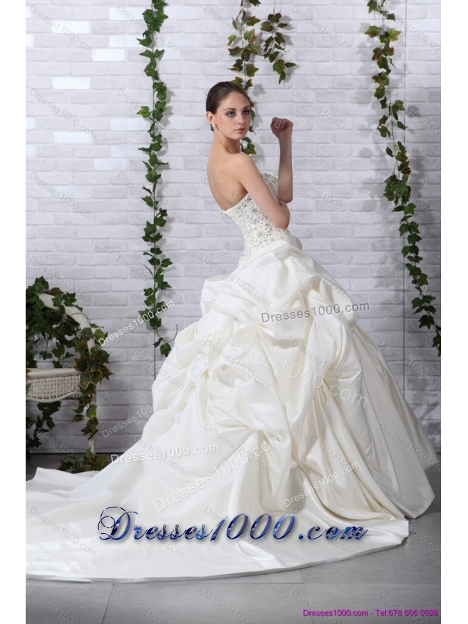 2015 New Style Strapless Beading Wedding Dress with Brush Train