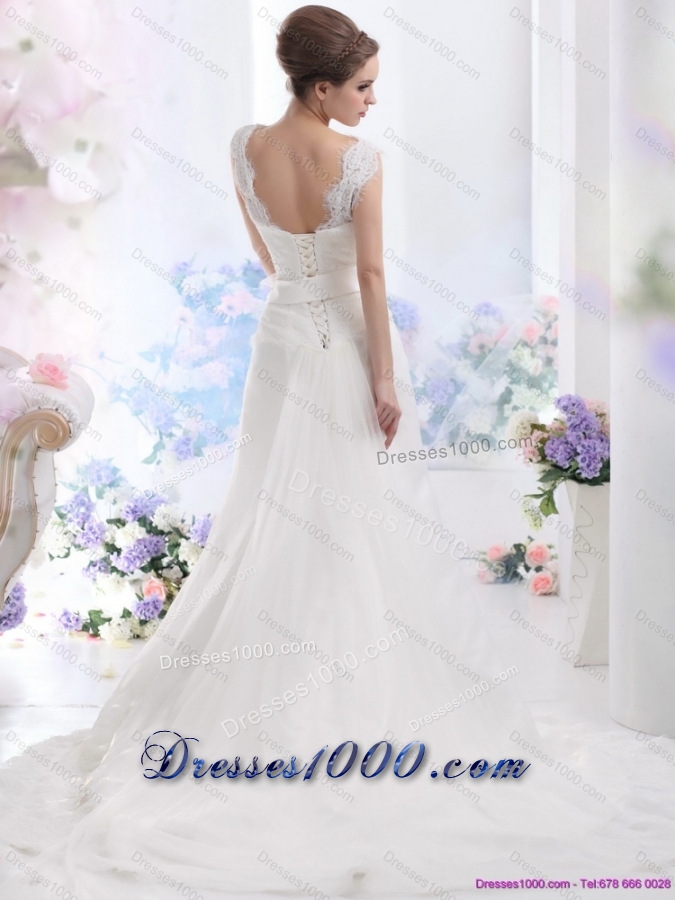 2015 Top Selling A Line Wedding Dress with Lace and Hand Made Flowers