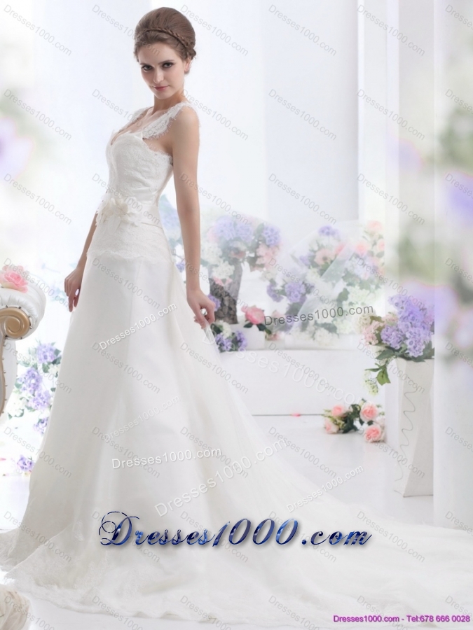 2015 Top Selling A Line Wedding Dress with Lace and Hand Made Flowers