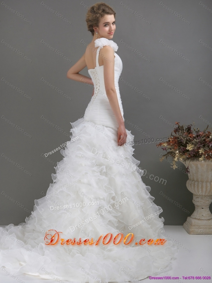 2015 Top Selling One Shoulder Wedding Dress with Ruching and Hand Made Flowers