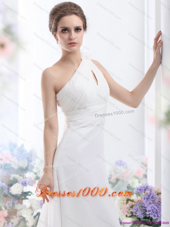 2015 Top Selling One Shoulder Wedding Dress with Ruching and Hand Made Flowers
