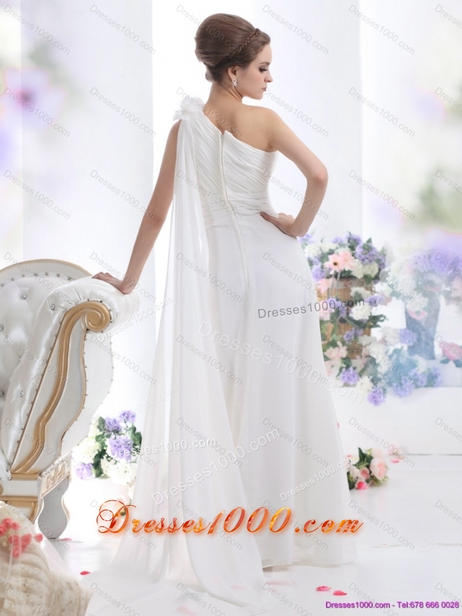 2015 Top Selling One Shoulder Wedding Dress with Ruching and Hand Made Flowers