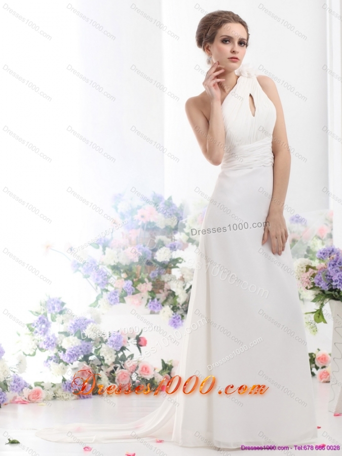2015 Top Selling One Shoulder Wedding Dress with Ruching and Hand Made Flowers