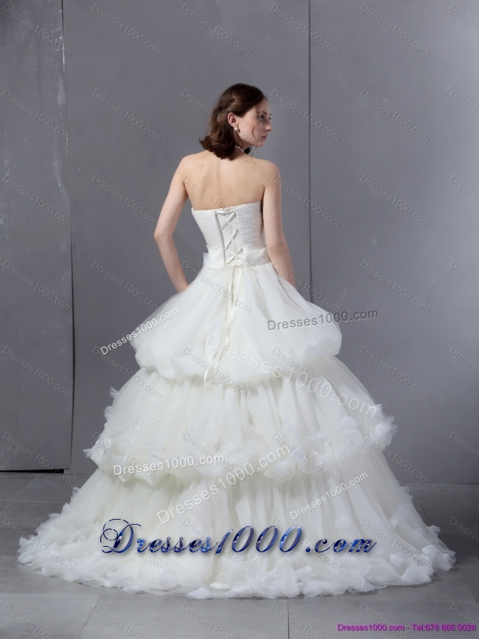2015 Top Selling Strapless Wedding Dress with Ruffles and Ruching