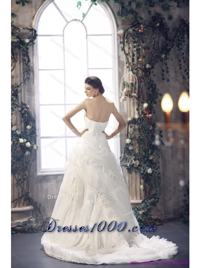 2015 Top Selling White Sweetheart Ruching Wedding Dresses with Brush Train