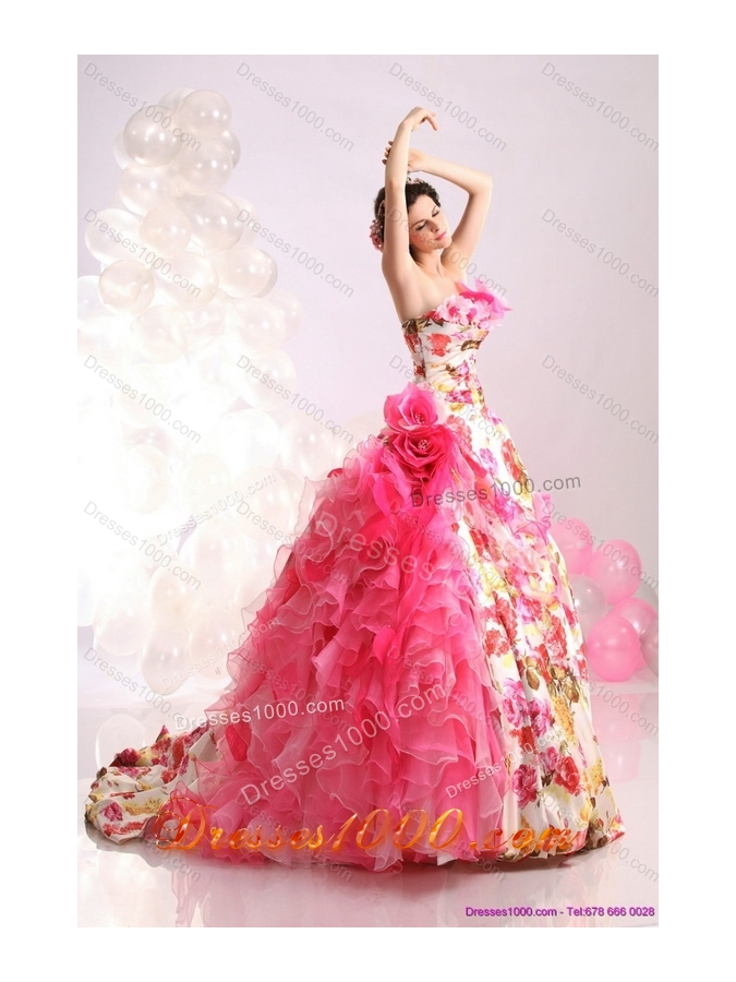 Ruffles Multi Color Bridal Gown with Brush Train and Hand Made Flowers