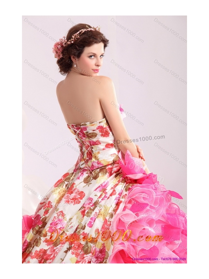 Ruffles Multi Color Bridal Gown with Brush Train and Hand Made Flowers