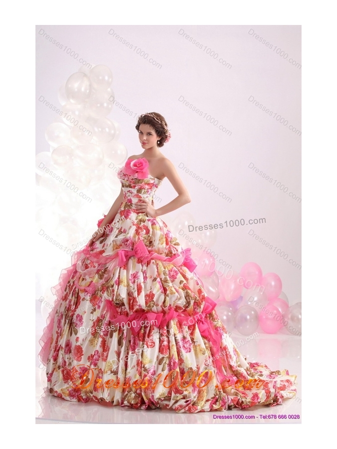 Ruffles Multi Color Bridal Gown with Brush Train and Hand Made Flowers