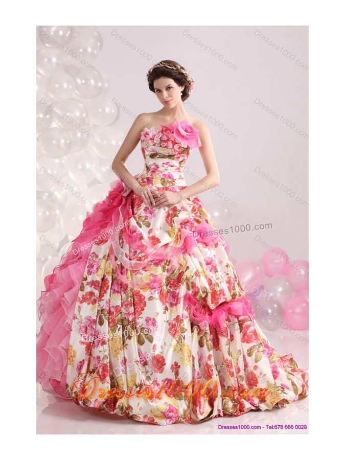 Ruffles Multi Color Bridal Gown with Brush Train and Hand Made Flowers