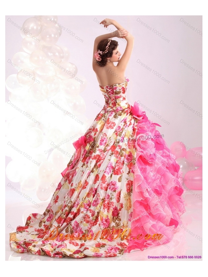 Ruffles Multi Color Bridal Gown with Brush Train and Hand Made Flowers