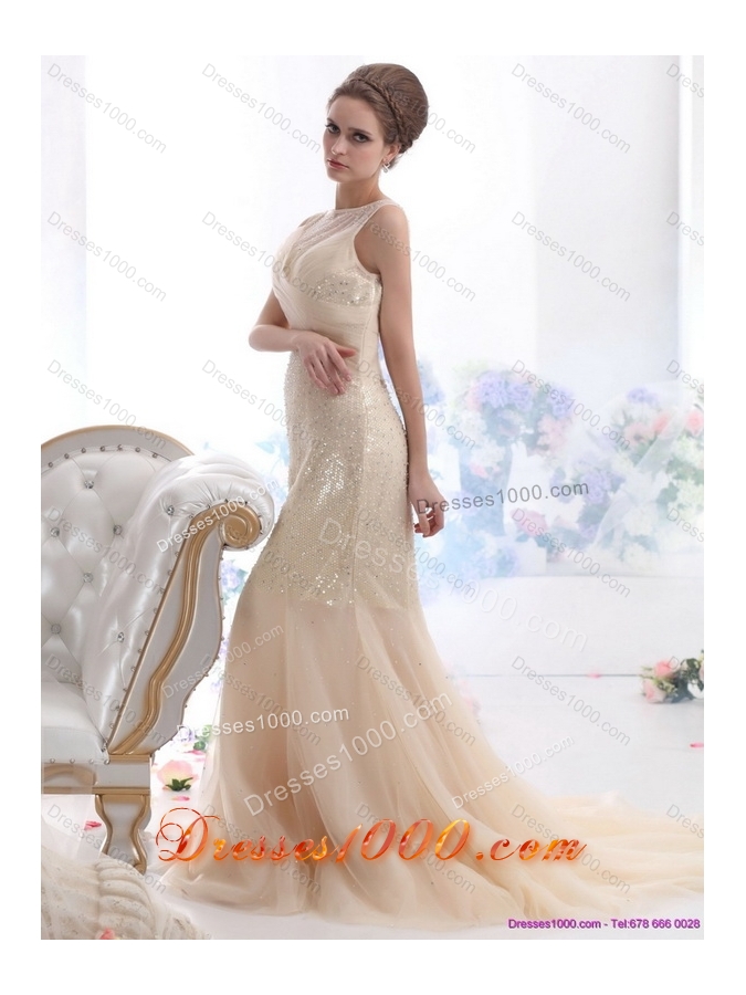 Top Selling 2015 Beteau Champagne Wedding Dress with Sequins