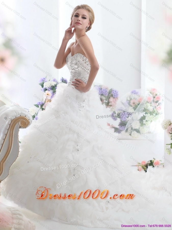 Top Selling Beading Sweetheart White Bridal Gown with Ruffles and Brush Train