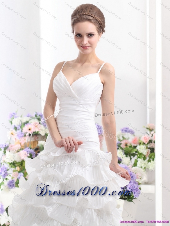 Top Selling Ruching White Wedding Dresses with Ruffled Layers and Brush Train
