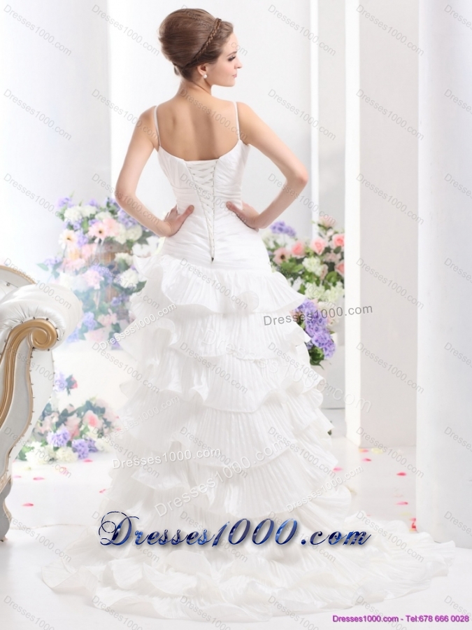 Top Selling Ruching White Wedding Dresses with Ruffled Layers and Brush Train