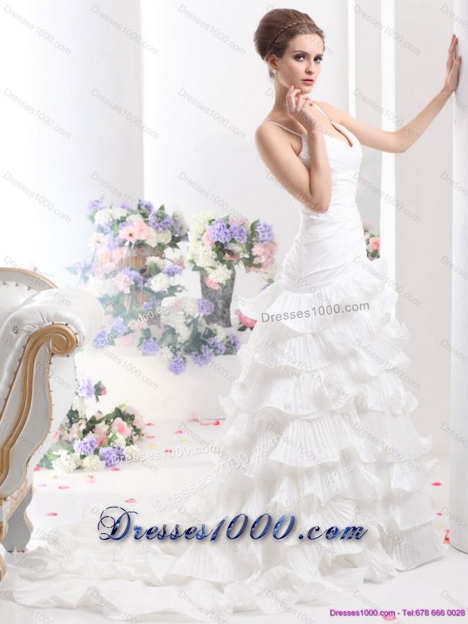 Top Selling Ruching White Wedding Dresses with Ruffled Layers and Brush Train