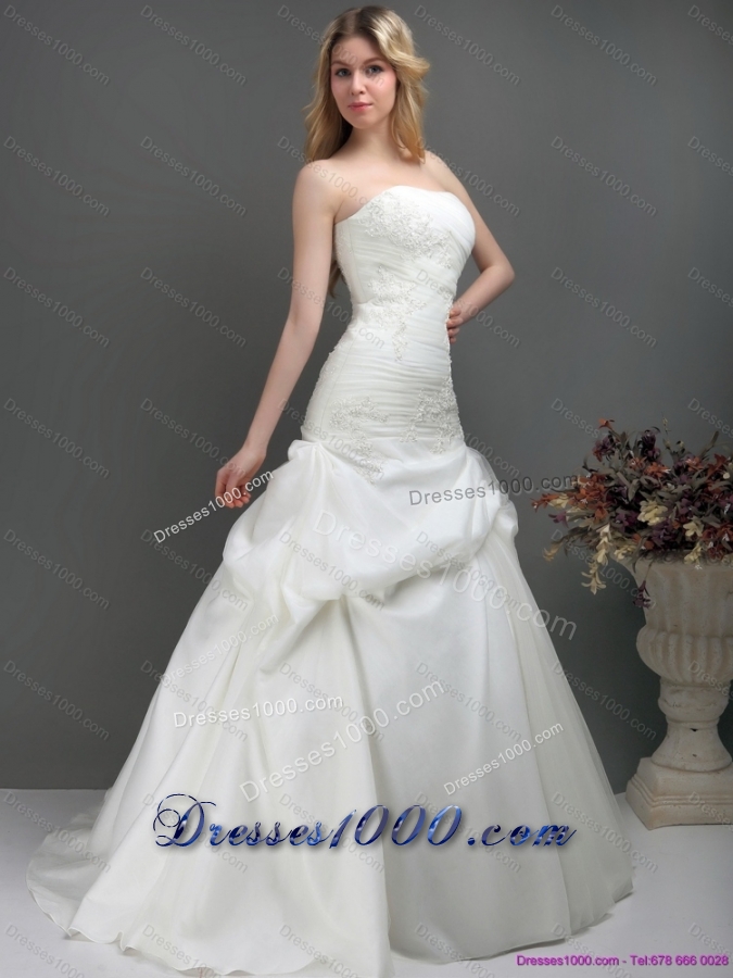Top Selling Strapless Wedding Dress with Ruching and Lace for 2015