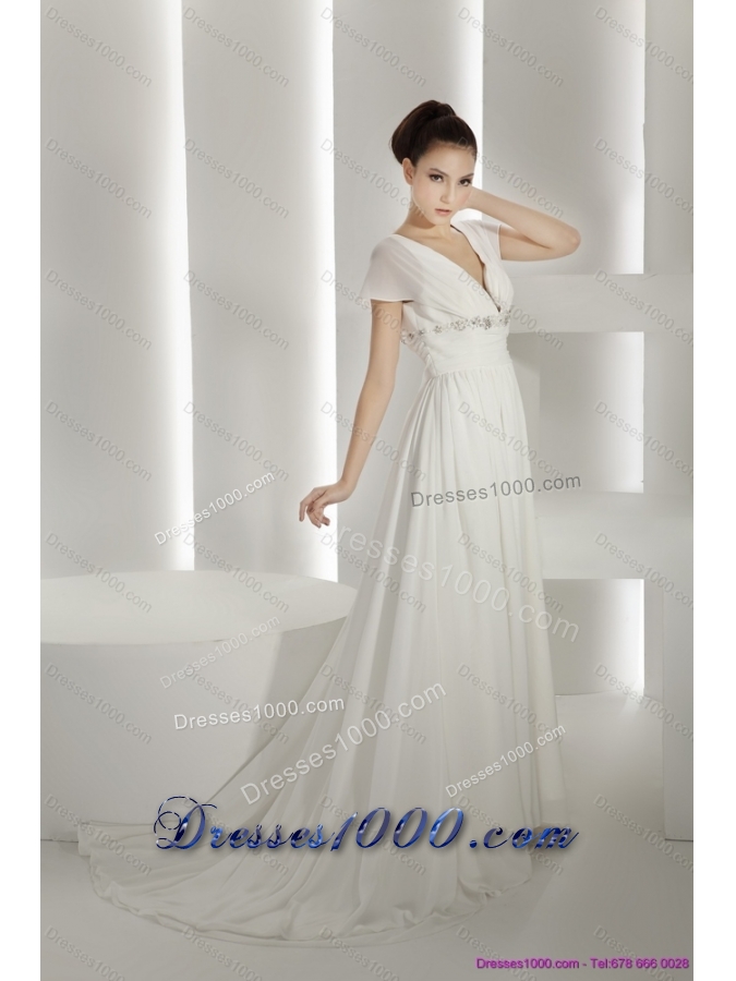 2015 Popular Brush Train White Wedding Dresses with Ruching and Beading