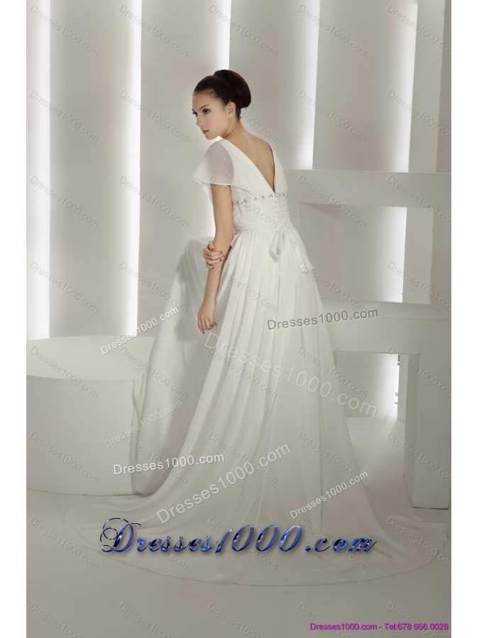 2015 Popular Brush Train White Wedding Dresses with Ruching and Beading