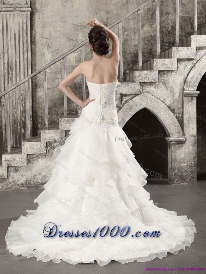 2015 Pretty White Strapless Bridal Gowns with Brush Train and Ruffles