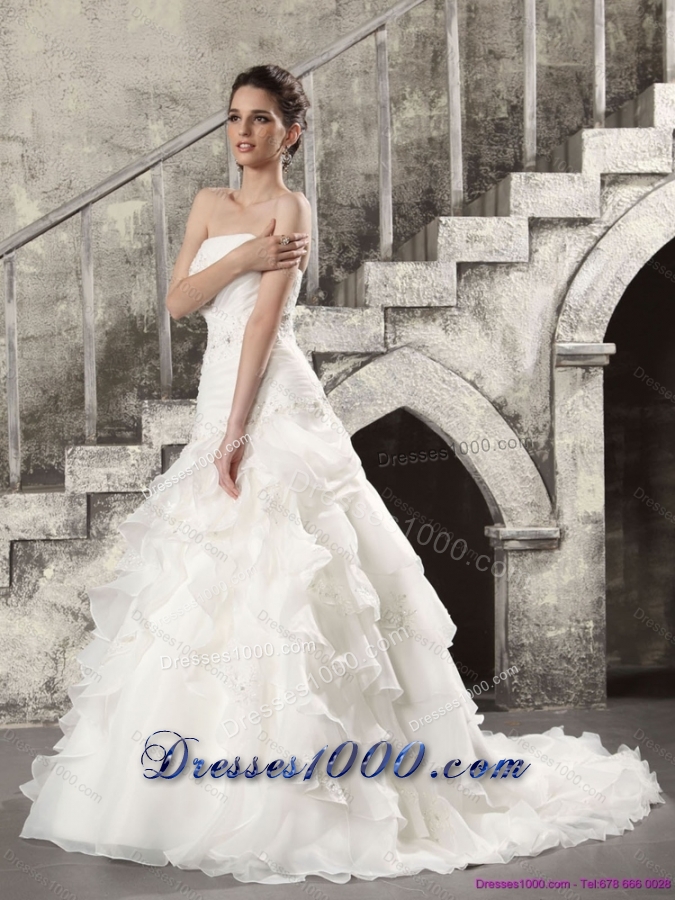2015 Pretty White Strapless Bridal Gowns with Brush Train and Ruffles