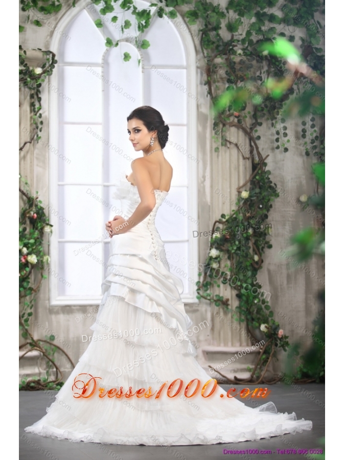 2015 Unique Ruffled Layers White Wedding Dresses with Brush Train