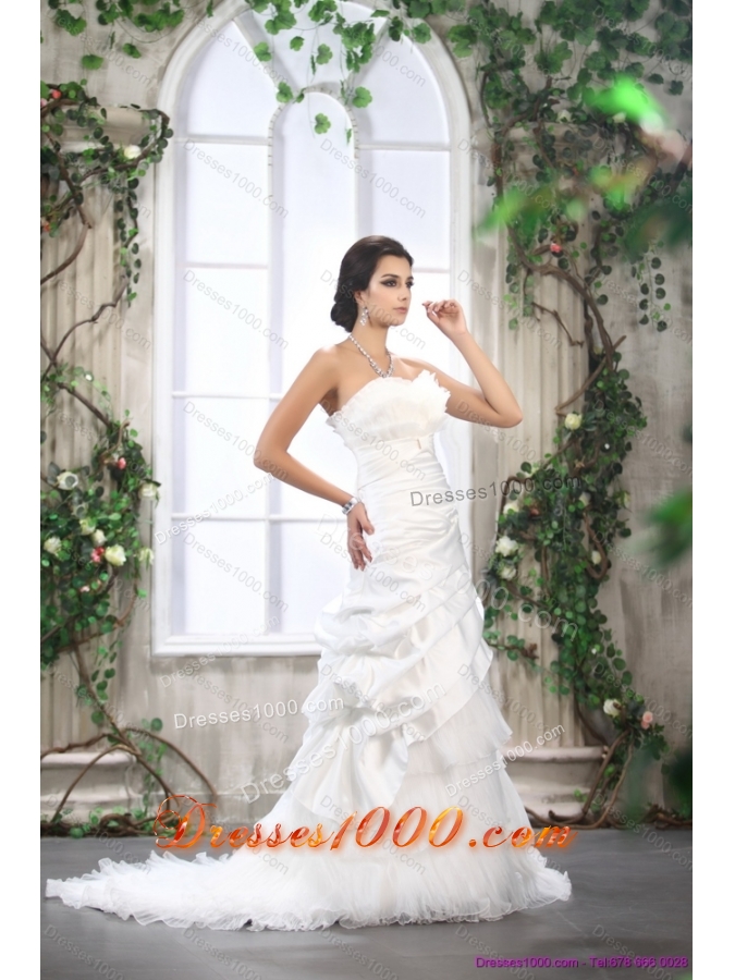 2015 Unique Ruffled Layers White Wedding Dresses with Brush Train