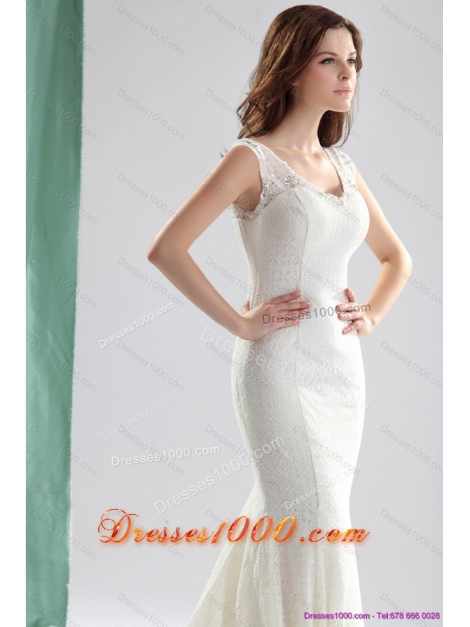 2015 Unique White Wedding Dresses with Lace and Brush Train