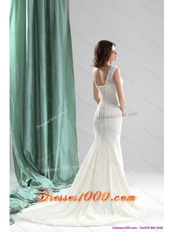 2015 Unique White Wedding Dresses with Lace and Brush Train