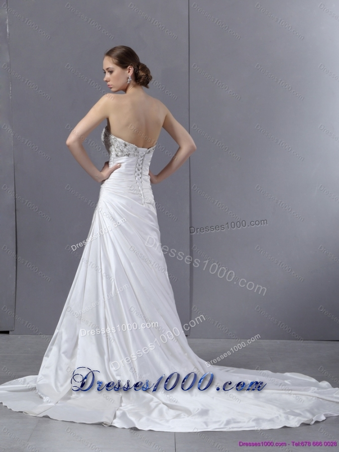 2015 White Pleated Sequined Wedding Dresses with Court Train