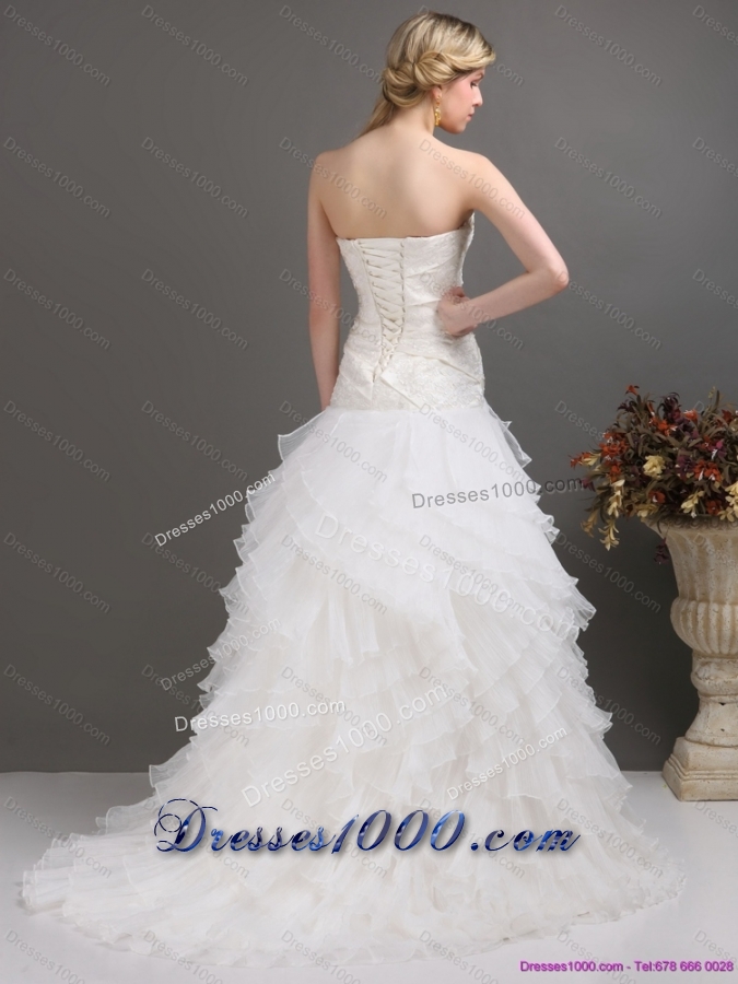 2015 White Strapless Pleated Wedding Dresses with Ruffled Layers
