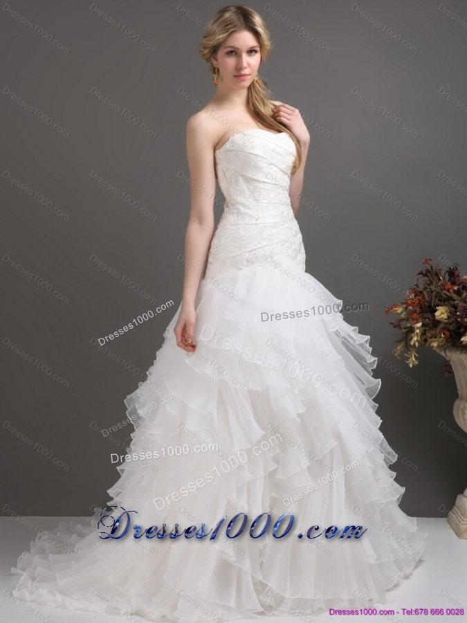 2015 White Strapless Pleated Wedding Dresses with Ruffled Layers