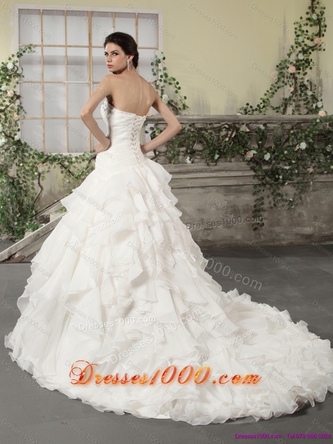 2015 White Strapless Ruffled Wedding Dresses with Chapel Train and Beading