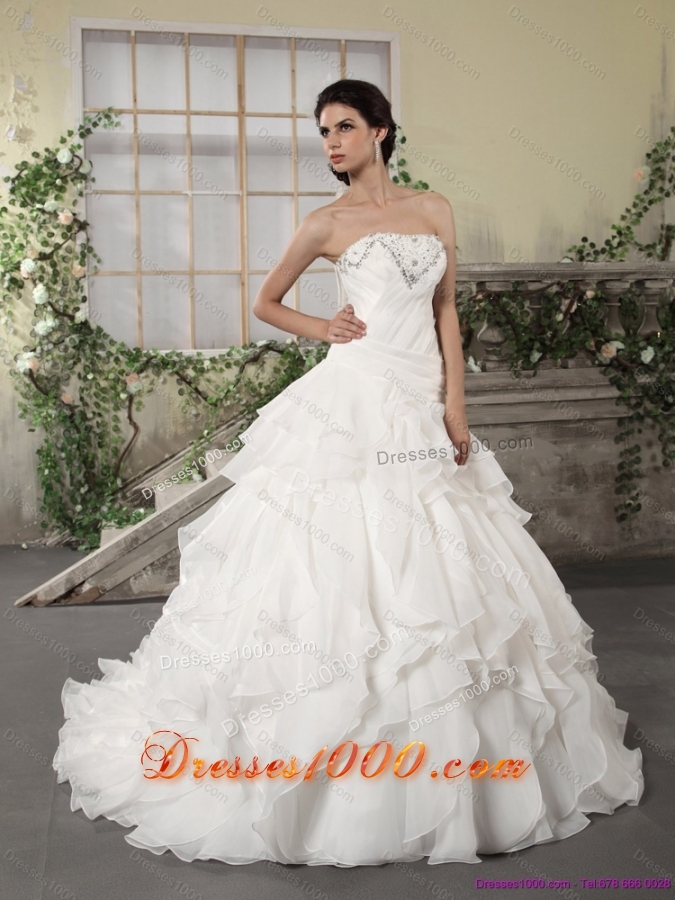 2015 White Strapless Ruffled Wedding Dresses with Chapel Train and Beading