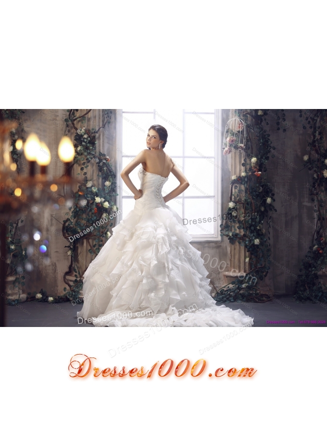 2015 White Strapless Ruffled Wedding Dresses with Chapel Train and Beading